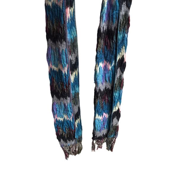 Blue Zig Zag Knit Scarf Fringed Marled Rectangular Wrap - Picture 10 of 14